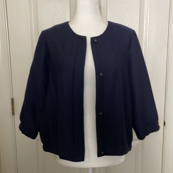 Eileen Fisher: Navy Waffle Weave Jacket with snap closure - Picture 4 of 10